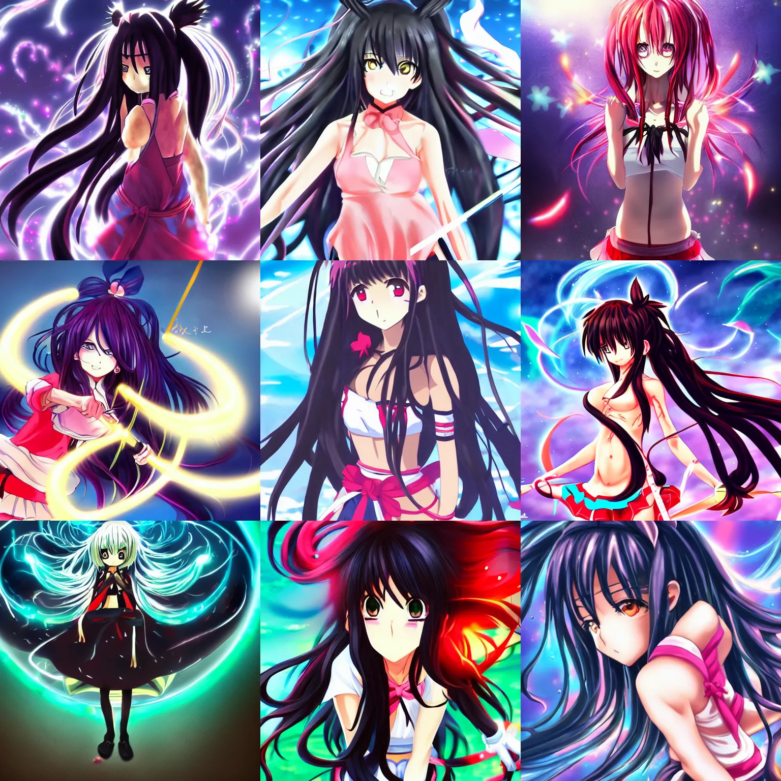 Prompt: anime style, vivid, expressive, full body, 4 k, painting, a cute magical girl with a long wavy black hair, stunning, realistic light and shadow effects, centered, simple background, ikki tousen