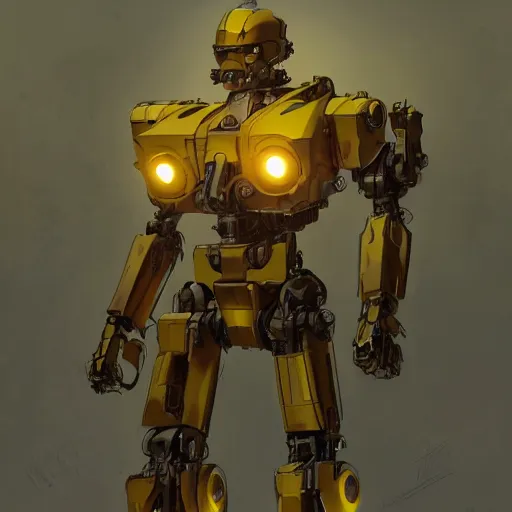 Prompt: yellow mecha with flat conical head, spotlight in middle of face, Keetongu Bionicle, by Greg Rutkowski
