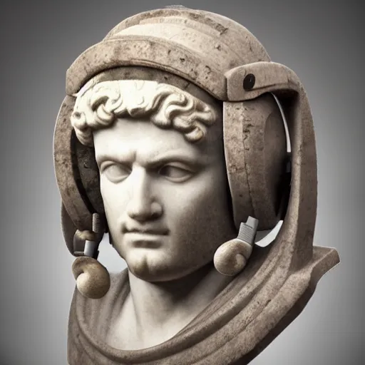 Image similar to roman bust wearing headphones, in the style of vaporwave!!!!!!!!!!!