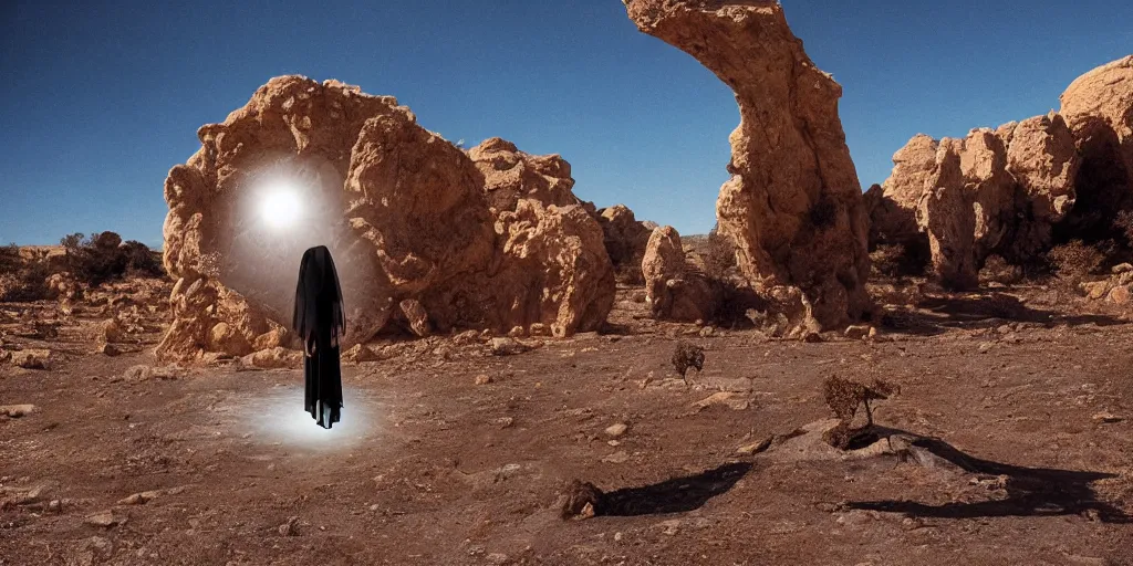 Image similar to levitating ghost veiled silhouette with full - face golden bright reflective mask in a dry rocky desert landscape, visible sky and sunny atmosphere, floating rocks, flying rocks and fata morgana and giant mirrors by alejandro jodorowsky, anamorphic lens, kodakchrome, practical effects, masterpiece, 8 k