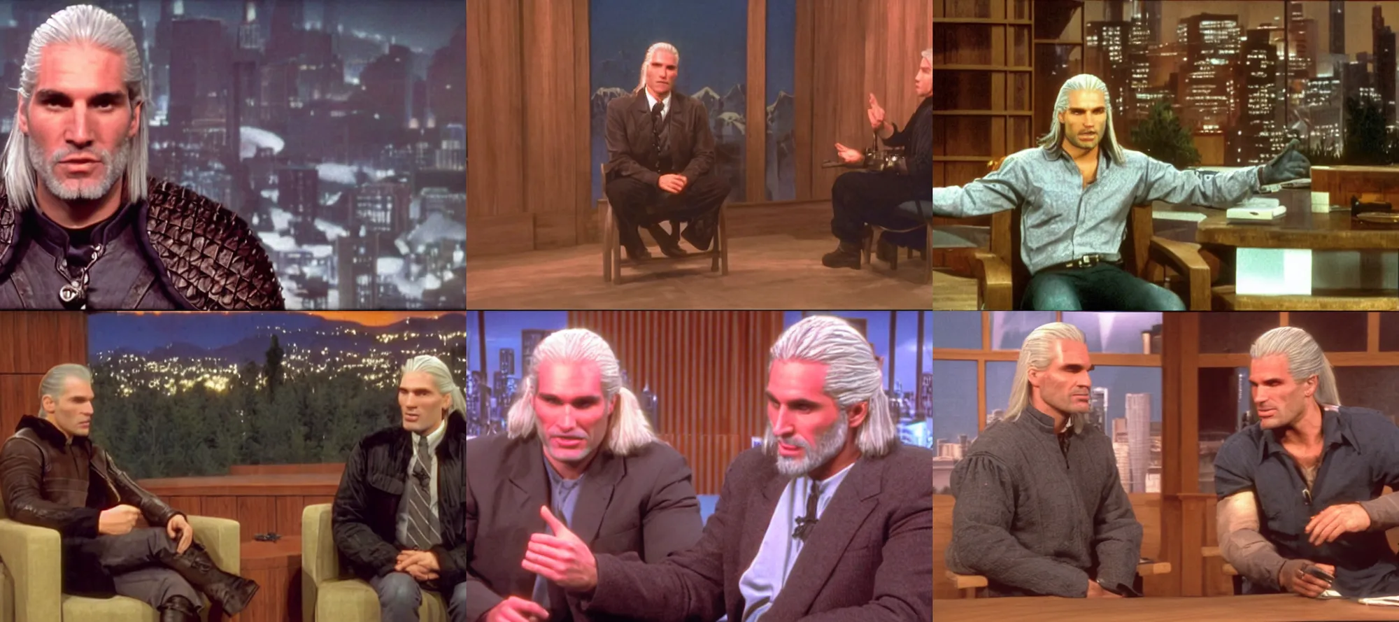 Prompt: Geralt of Rivia being interviewed on the Tonight Show in 1995, cinematic, wide angle, 80mm, television, screengrab