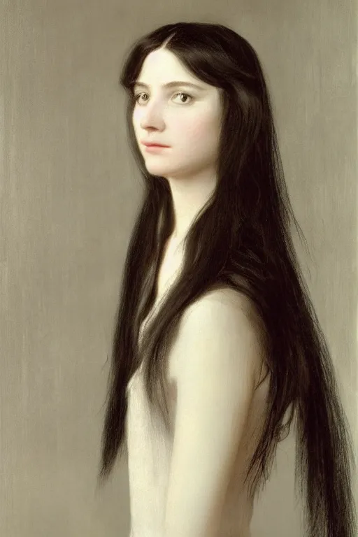 Image similar to picture portrait,(((((((((((((young woman's face))))))))))))), long black hair, pale skin, digital render, super-detailed , by Millais