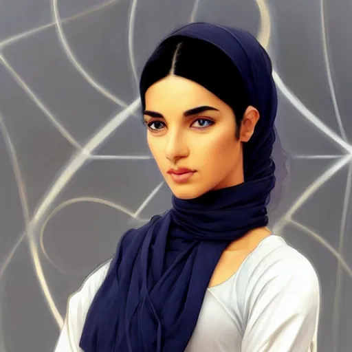 Image similar to modern tanned Ameera al-Taweel, blue eyes, wavy black hair, white veil, highly detailed, digital painting, artstation, concept art, smooth, sharp focus, illustration, ArtStation, art by artgerm and greg rutkowski and alphonse mucha and J. C. Leyendecker and Edmund Blair Leighton and Katsuhiro Otomo and Geof Darrow and Phil hale and Ashley wood and Ilya repin and Charlie Bowater