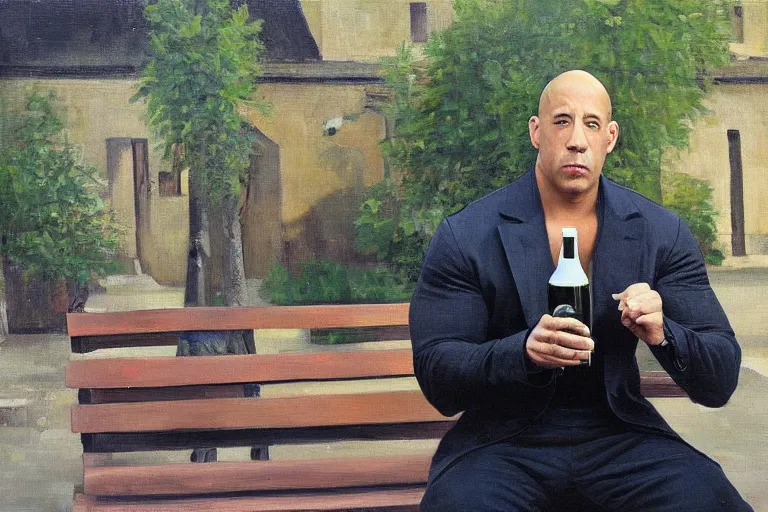 Prompt: vin diesel in an black adidas suite sits on a bench with a bottle of beer in the courtyard of a provincial russian town, oil on canvas, naturalism