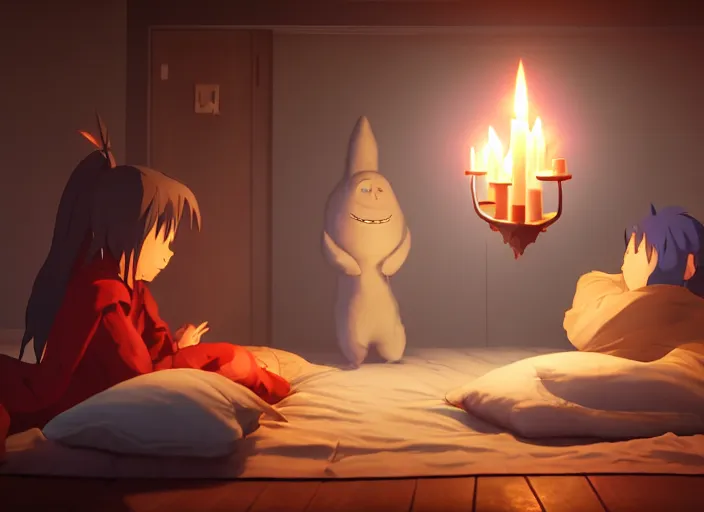 Image similar to a night scary sleepover, being lit by candles, medium shot, studio ghibli, pixar and disney animation, sharp, rendered in unreal engine 5, anime key art by greg rutkowski, bloom, dramatic lighting