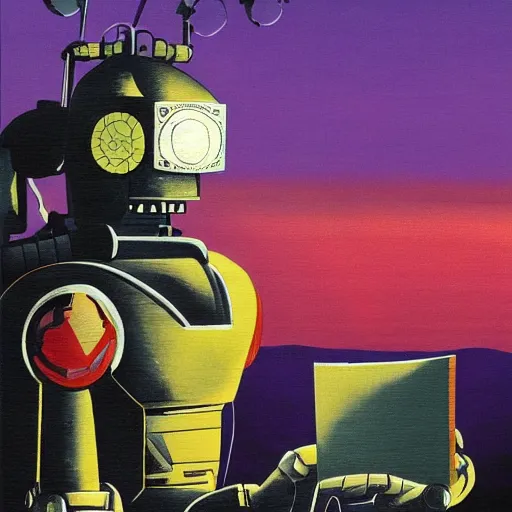 Prompt: a fullmetal wired robot is reading the forbidden intimate diary of sophia aeon, the background is the purple sunset over santiago of chile, hanafuda oil on canvas by dave mckean