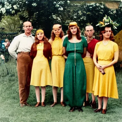 Prompt: an image of a queen with tan skin long rippling cinnamon hair and emerald colored eyes attending a barbecue for youth volunteers in a medium full shot, vintage historical fantasy 1 9 3 0 s kodachrome slide german and eastern european mix. the queen is pictured appearing happy and proud to be there. she is dressed in a yellow midi shirt dress paired with a floral classic pump.