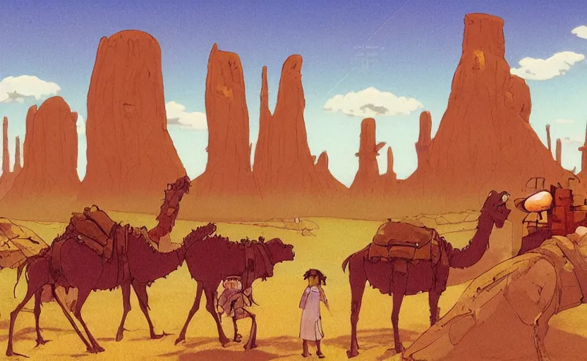 Image similar to a realistic cell - shaded studio ghibli concept art from paprika ( 2 0 0 6 ) of a cubic multi - colored rocketship from close encounters of the third kind ( 1 9 7 7 ) in a flooded monument valley stonehenge jungle jungle on a misty starry night. a camel caravan is in the foreground. very dull colors, portal, hd, 4 k, hq