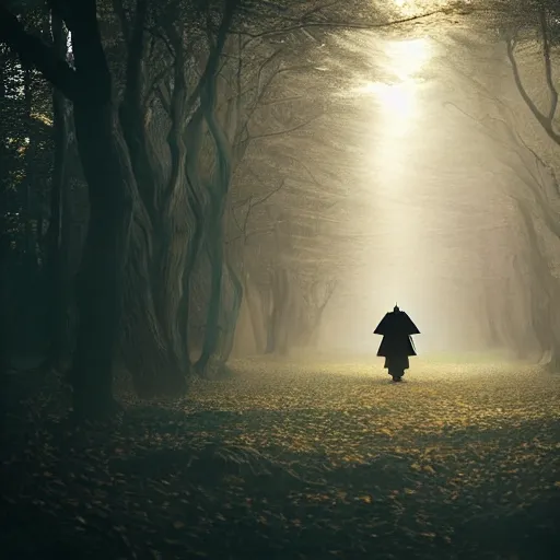 Prompt: a samurai walks alone through the light woods, bright, scenic, lively, cinematic lighting, intricate detail