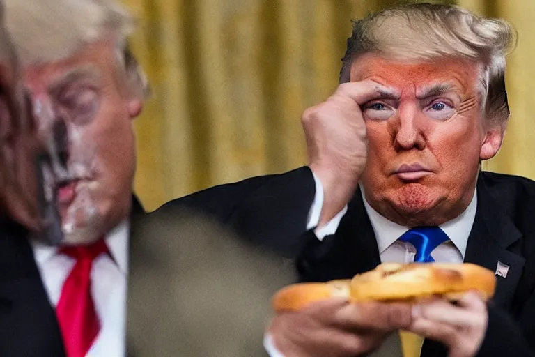 Image similar to Donald Trump visibly sulks, eating a cheeseburger, Inside his Mar-a-Lago home, as the home is raided by many federal agents, raided by feds, panicking, Highly detailed, Cinematic, hyperrealistic, photorealistic, 4k, Realistic, detailed.