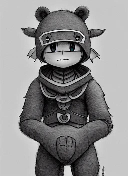 Prompt: beautiful little boy wearing an cyborg bear suit, artwork in kentaro miura and made in abyss and rosdraws, smooth, beautiful lightness, anatomically correct, trending on pixiv