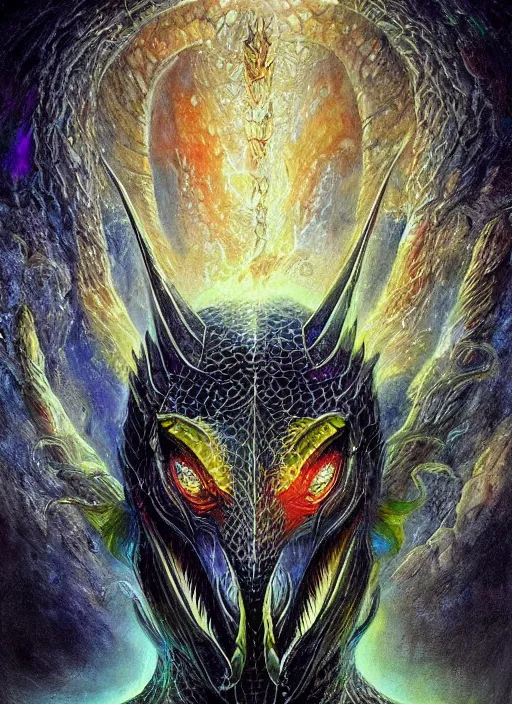 Prompt: close-up of dragon concept portrait of dangerous Viking Dragon conjuring a violent void multiversal aura, a floating iridescent lightning body from God of War in the center, intricate, elegant, luxurious, digital painting, concept art, smooth, sharp focus, from Star Trek 2021, illustration, by Hieronymus Bosch