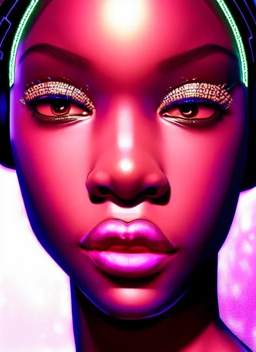 Image similar to photorealistic portrait of black american female humanoid, cyber neon lights, highly detailed, cyberpunk high fashion, elegant, crispy quality, trending in artstation, trending in pinterest, glamor pose, no signature, no watermark, cinematic, octane render, cute face, art by artgerm and greg rutkowski and pascal blanche