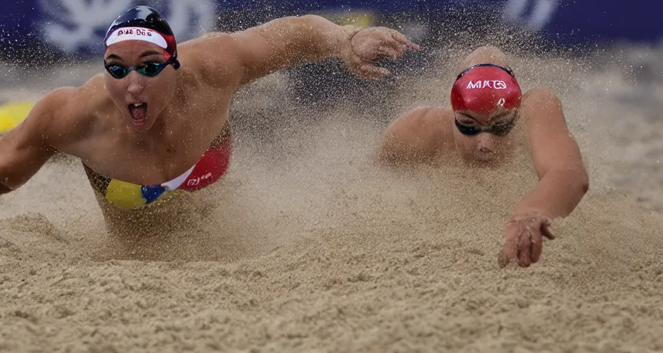 Image similar to olympic swimming in sand instead of water, extremely coherent, motion blur