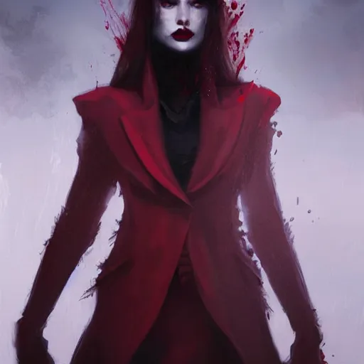 Image similar to portrait of aalia bhatt upper body in bloody business suit, blood red eyes, vampire fangs, fantasy, intricate, elegant, highly detailed, digital painting, artstation, concept art, matte, sharp focus, illustration, art by aenaluck and roberto ferri and greg rutkowski, epic fantasy, digital painting