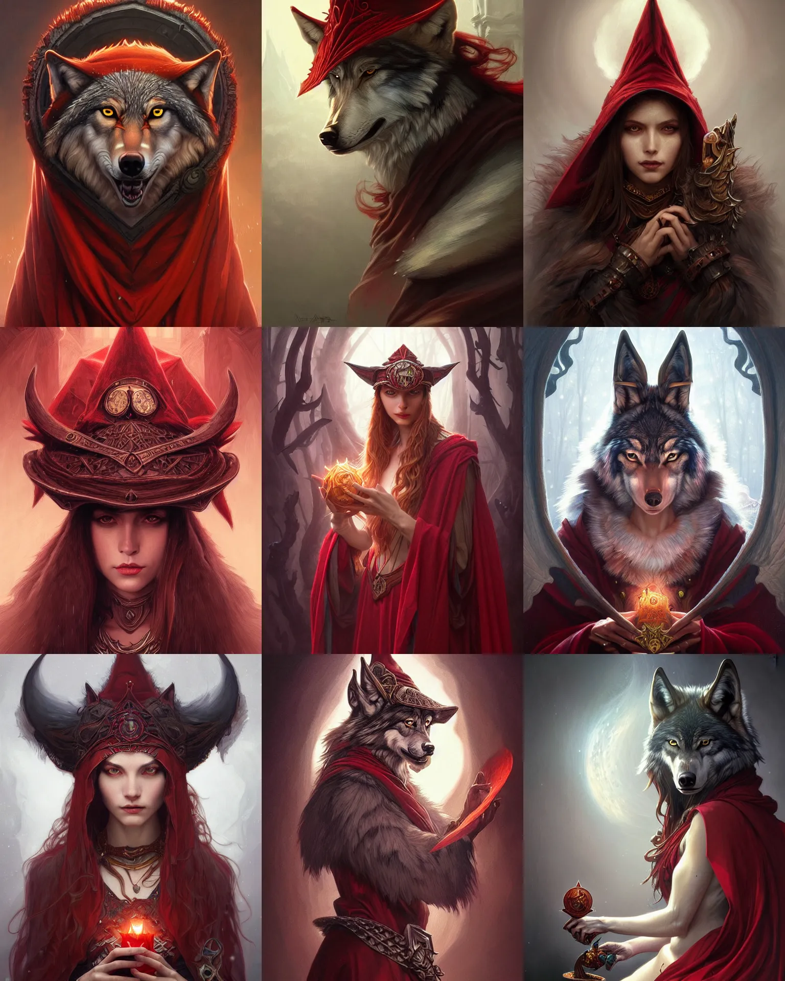 Prompt: a mind - blowing portrait of a occult wolf, red wizard hat, deep focus, d & d, fantasy, intricate, elegant, highly detailed, digital painting, artstation, concept art, matte, sharp, illustration, hearthstone, art by artgerm and greg rutkowski and alphonse mucha