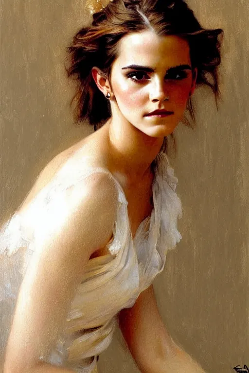 Image similar to detailed portrait of a beautiful emma watson 1 9 9 0 s hairstyle muscular, painting by gaston bussiere, craig mullins, j. c. leyendecker