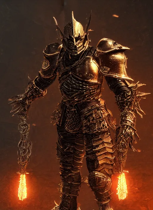 Prompt: a photorealistic 3D render of a full body dark side knight (as an archetypal DnD isekai Demon Lord) wearing armor made of gold and silver, inspired by Dark Souls and Doom Eternal and Fallout, unreal engine, octane render, cinematic lighting, a sense of evil, detailed hard surface boss character concept art, character design, hyper realism, high detail, depth of field, stunning cgsociety, HD, HDR, 4k