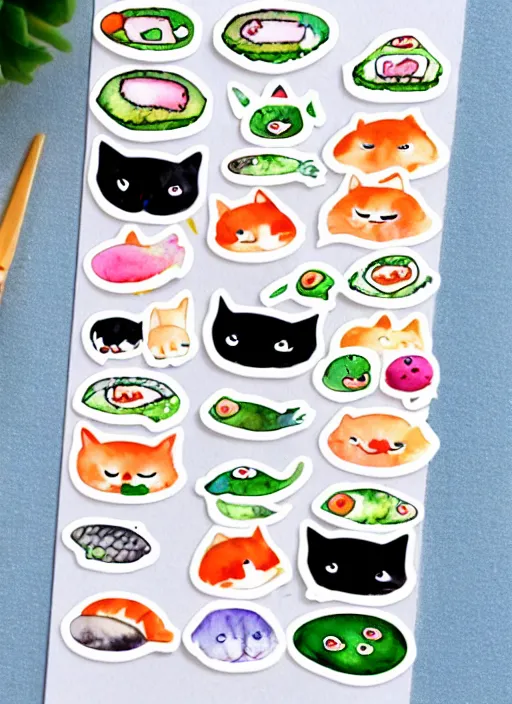 Prompt: cute cats and sushi watercolour sticker sheet