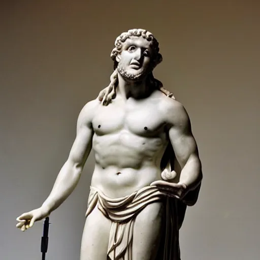 Prompt: roman sculpture of zeus singing karaoke