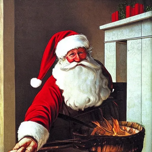 Prompt: Father Christmas stuck in a chimney. Painted by Caravaggio