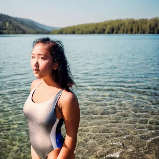 Prompt: a woman posing, in a lake, wearing a one piece swimsuit, backlit, photo by Marat Safin, Canon EOS R3, f/1.4, ISO 200, 1/160s, 8K, RAW, unedited, symmetrical balance, in-frame