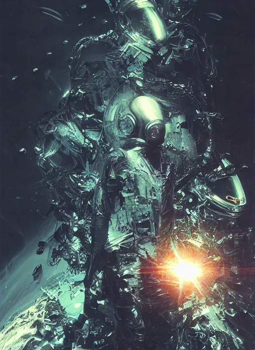 Image similar to astronauts in dark void underwater - complex and hyperdetailed technical suit. reflection and dispersion materials. rays and dispersion of light. volumetric light. f / 3 2. noise film photo. flash photography. ultra realistic, wide angle. poster by wayne barlowe, hajime sorayama aaron horkey, craig mullins