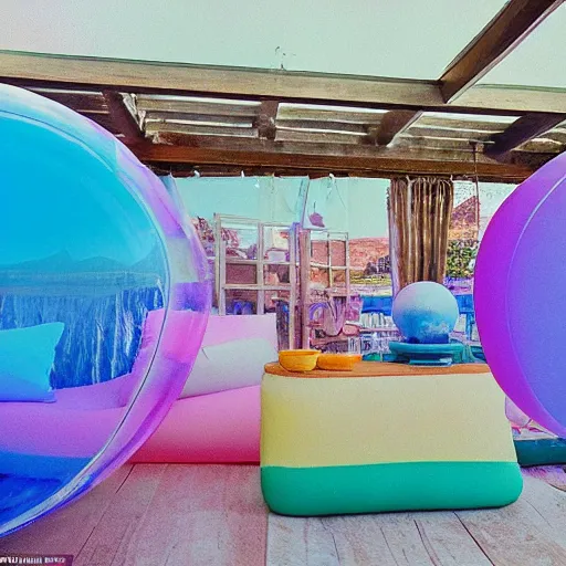 Image similar to a pastel colour high fidelity wide angle Polaroid art photo from a holiday album at a seaside with abstract inflatable parachute furniture, spheres and a DJ booth, all objects made of transparent iridescent Perspex and metallic silver, a grid of sun beds iridescence, nostalgic