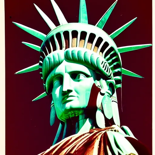 Prompt: kodachrome photo of the statue of liberty as a native indian with headdress, coper cladding