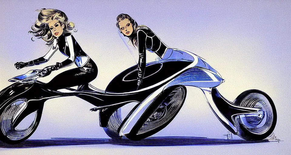 Image similar to Tuesday Weld riding TRON Lightcycle in TRON fanciful whimsical motorcycle in Concept Art by Ric Heitzman, Syd Mead