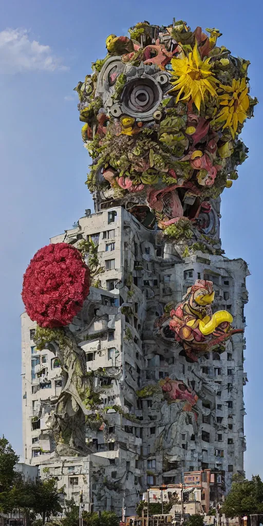 Image similar to giant grotesque flower in the middle of abandoned post soviet constructivist cityscape, Stalinist architecture, ultradetailed by Josan Gonzalez and Giuseppe Arcimboldo and Wes Anderson