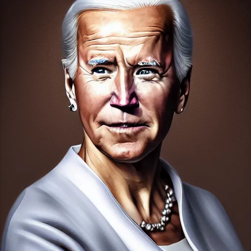 Prompt: a joe biden as a woman, digital art, 8 k resolution, very beautiful face, pretty face, very detailed eyes, by greg rutkowski wlop