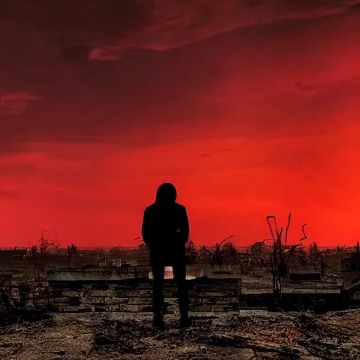 Image similar to red sky, a person watching the end of the world, dystopian city, wasteland