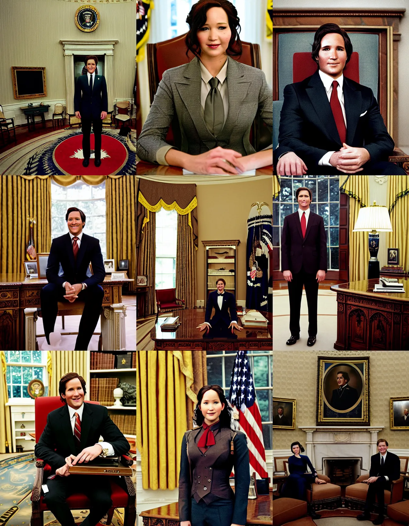 Prompt: katniss everdeen as the president of the united states, wearing a suit and tie, smiling for the camera, in the oval office, portrait photography by steve mccurry