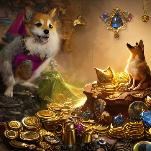 Prompt: a massive pile of stolen treasure, ancient relics, tiny gold coins, goblets, colorful gems, with a mischievous corgi lying on top gloating over its wealth, fantasy, lord of the rings, extremely detailed digital illustration, greg rutkowski, artgerm, trending on artstation, masterpiece, 8 k