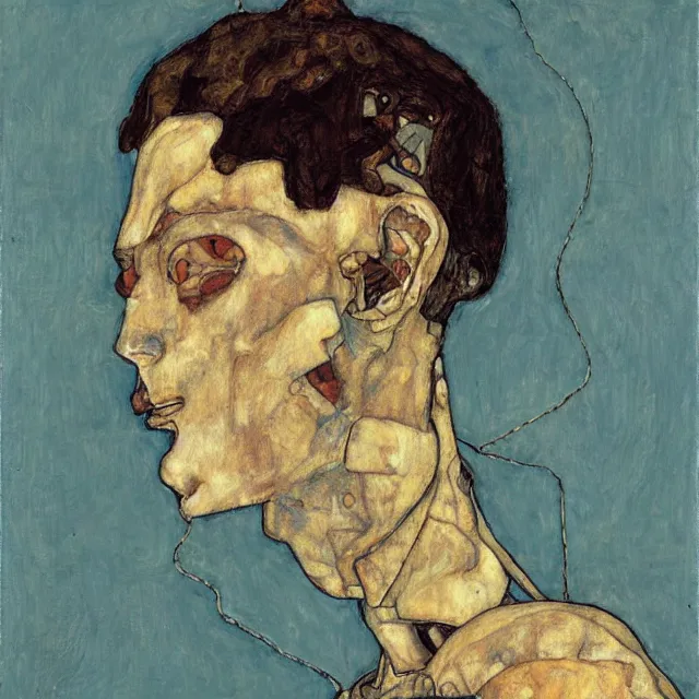 Image similar to portrait of a robot by egon schiele in the style of greg rutkowski