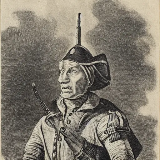 Image similar to A colonial soldier with an octopus head, engraving, ink, black and white, 17th century