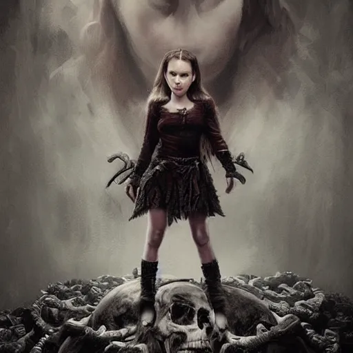 Prompt: full length portrait of a beautiful little girl standing on a lot of skulls in the hell, natalie portman, pigtails hairstyle, dark fantasy, high detailed, concept art, sharp focus, illustration