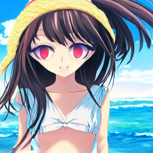 Prompt: anime girl at the beach, key anime visual, pixiv