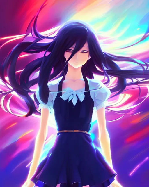 Image similar to anime style, vivid, expressive, full body, 4 k, painting, a cute magical girl with a long wavy black hair, stunning, realistic light and shadow effects, centered, simple background, studio ghibly makoto shinkai yuji yamaguchi