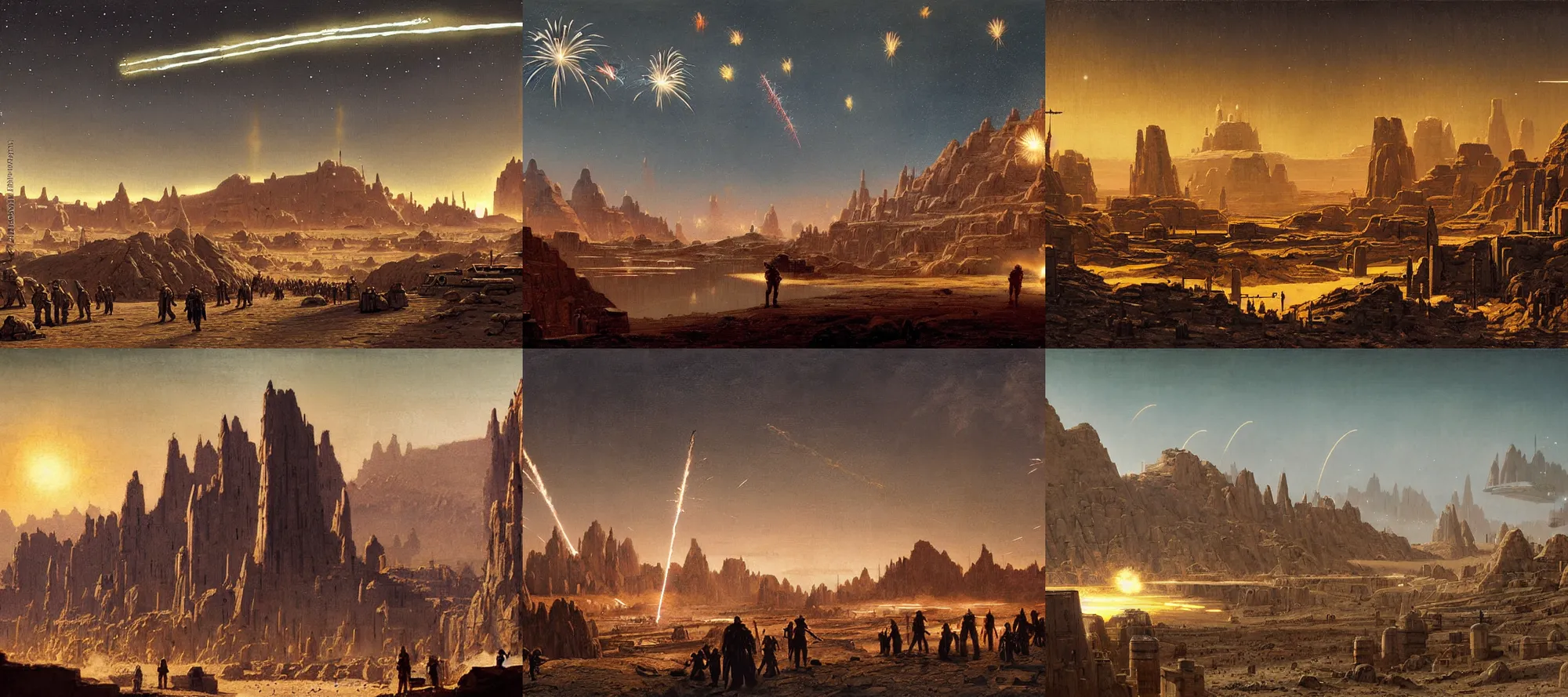 Prompt: fireworks over mos eisley painting by raphael lacoste