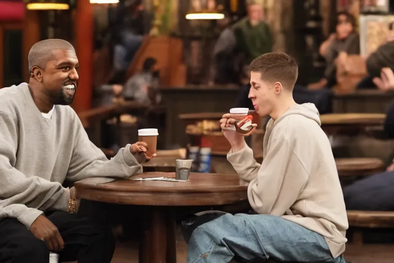 Image similar to Kanye West and Pete Davidson (2022) are best friends, drinking coffee at central perk, still photo, hyperrealistic, 35mm, 8k, by weta digital