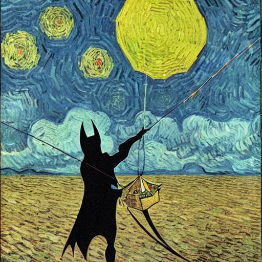 Image similar to batman flying a kite, van gogh painting,