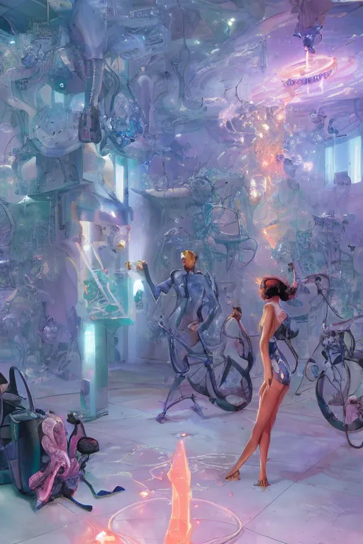 Image similar to sparkly machines listen symbolically in the tar house, by artgerm and Craig Mullins, James Jean, Andrey Ryabovichev, Mark Simonetti and Peter Morbacher 16k