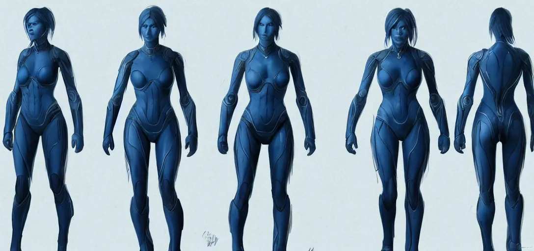 Prompt: character sheet concept art of cortana, realistic, hyper realistic, photographic, costume, by mcu concept artists