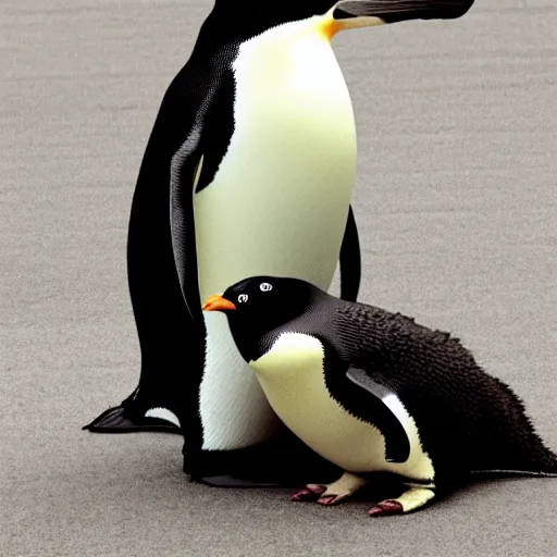Prompt: a penguin and a T-Rex together