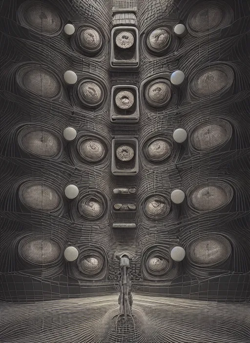 Prompt: highly detailed surreal vfx portrait of a 3 d brutalist landscape of stacks of recursive speakers, polyphonic ecstacy, ornate, hyperrealistic, octane render, chiaroscuro, inspired by james jean, android jones, beeple, rhads, alphonse mucha, frostbite 3 engine