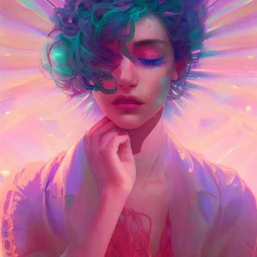 Prompt: beautiful, young woman, sad eyes, tears running down, vaporwave aesthetic, synthwave, colorful, psychedelic, digital painting, artstation, concept art, smooth, sharp focus, illustration, art by artgerm and greg rutkowski and alphonse mucha