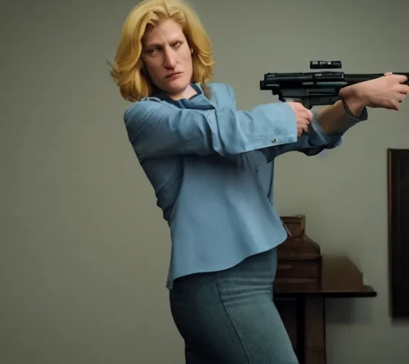 Prompt: skyler white holding a gun, movie still, upper body shot, photorealistic, clean composition