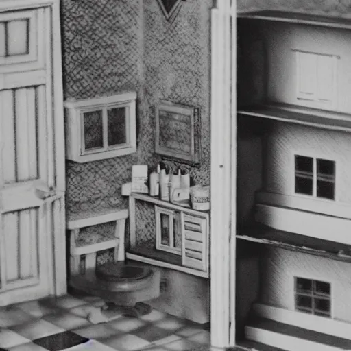 Image similar to liminal space of a doll house, found footage, backrooms, spooky